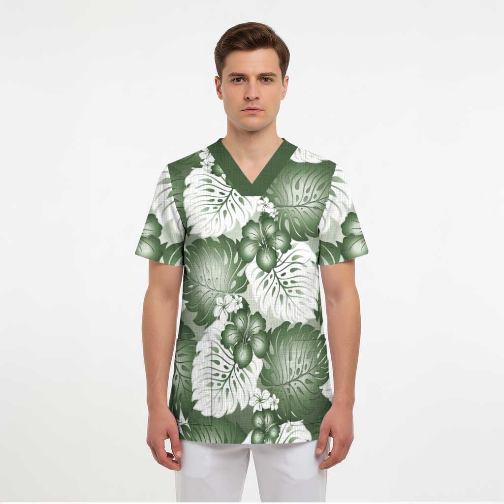 Sage Green Aloha Hawaii Scrub Top Monstera Hibiscus Plumeria Seamless Vibes - Polynesian Pride