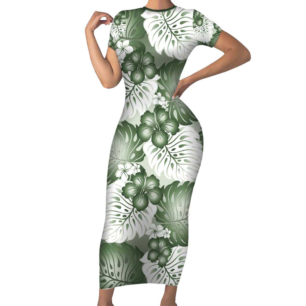 Sage Green Aloha Hawaii Short Sleeve Bodycon Dress Monstera Hibiscus Plumeria Seamless Vibes - Polynesian Pride