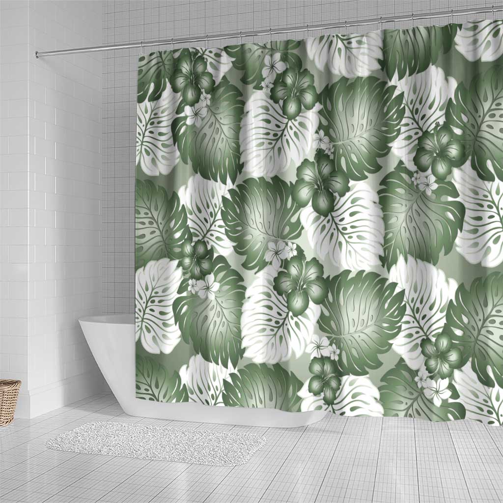 Sage Green Aloha Hawaii Shower Curtain Monstera Hibiscus Plumeria Seamless Vibes - Polynesian Pride