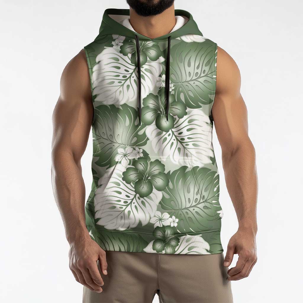 Sage Green Aloha Hawaii Sleeveless Hoodie Monstera Hibiscus Plumeria Seamless Vibes - Polynesian Pride