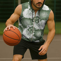 Sage Green Aloha Hawaii Sleeveless Zip Hoodie Monstera Hibiscus Plumeria Seamless Vibes - Polynesian Pride