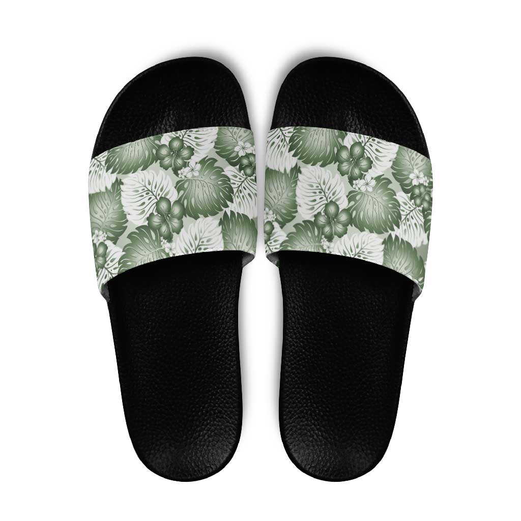 Sage Green Aloha Hawaii Slide Sandals Monstera Hibiscus Plumeria Seamless Vibes - Polynesian Pride