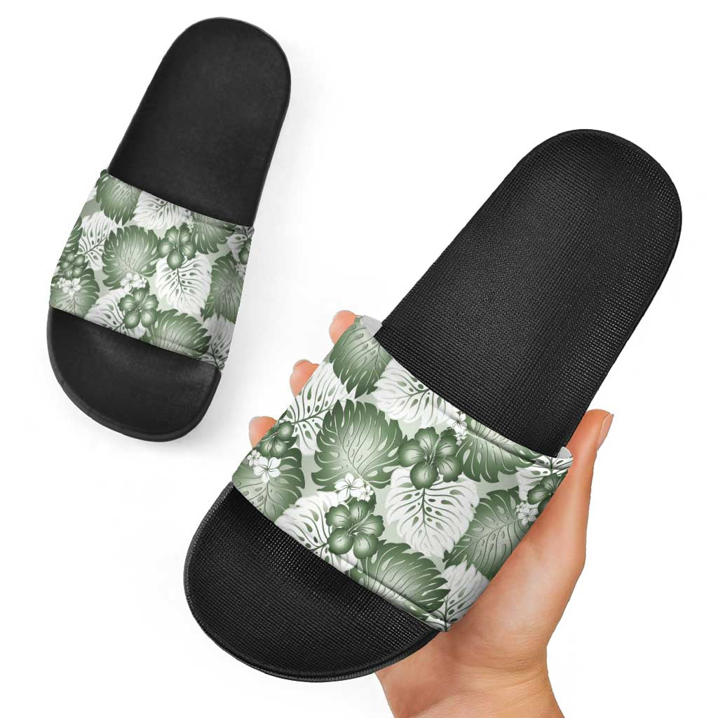Sage Green Aloha Hawaii Slide Sandals Monstera Hibiscus Plumeria Seamless Vibes - Polynesian Pride