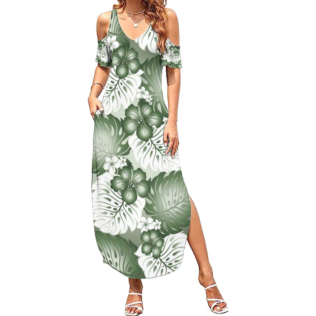 Sage Green Aloha Hawaii Summer Maxi Dress Monstera Hibiscus Plumeria Seamless Vibes - Polynesian Pride