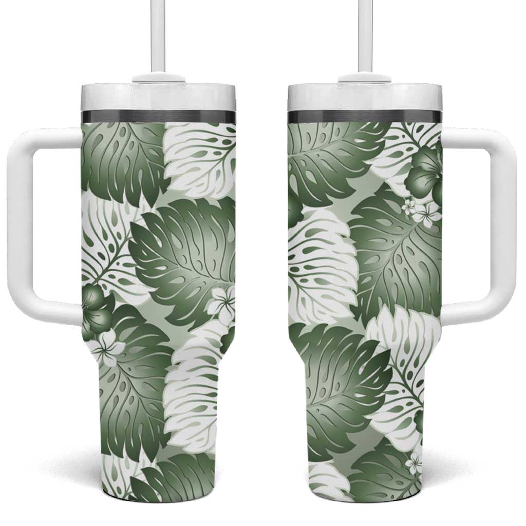 Sage Green Aloha Hawaii Tumbler With Handle Monstera Hibiscus Plumeria Seamless Vibes - Polynesian Pride