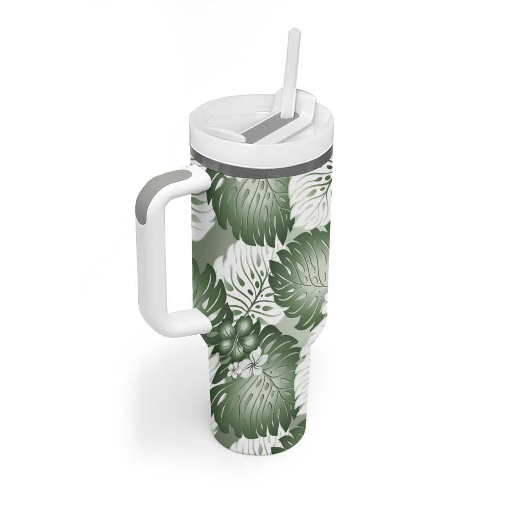 Sage Green Aloha Hawaii Tumbler With Handle Monstera Hibiscus Plumeria Seamless Vibes - Polynesian Pride
