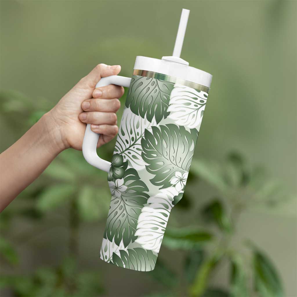 Sage Green Aloha Hawaii Tumbler With Handle Monstera Hibiscus Plumeria Seamless Vibes - Polynesian Pride