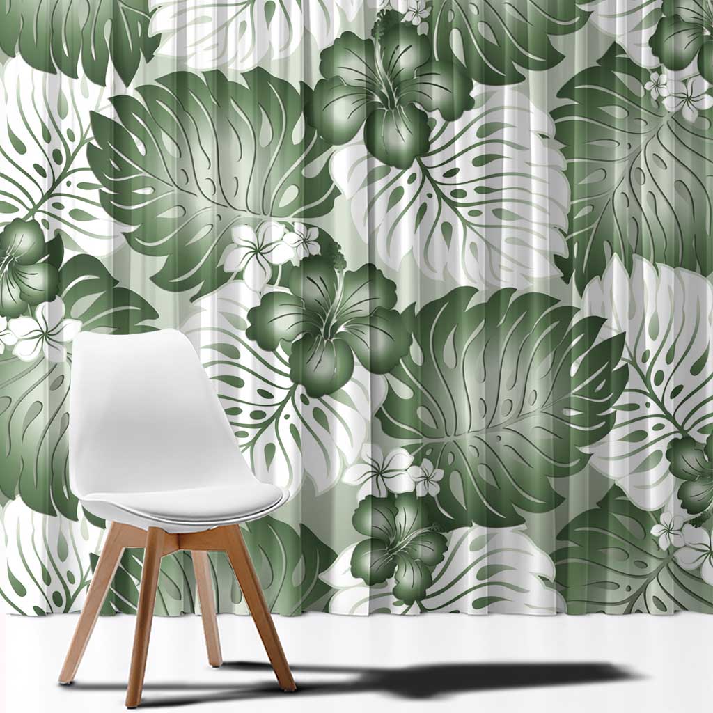 Sage Green Aloha Hawaii Window Curtain Monstera Hibiscus Plumeria Seamless Vibes - Polynesian Pride