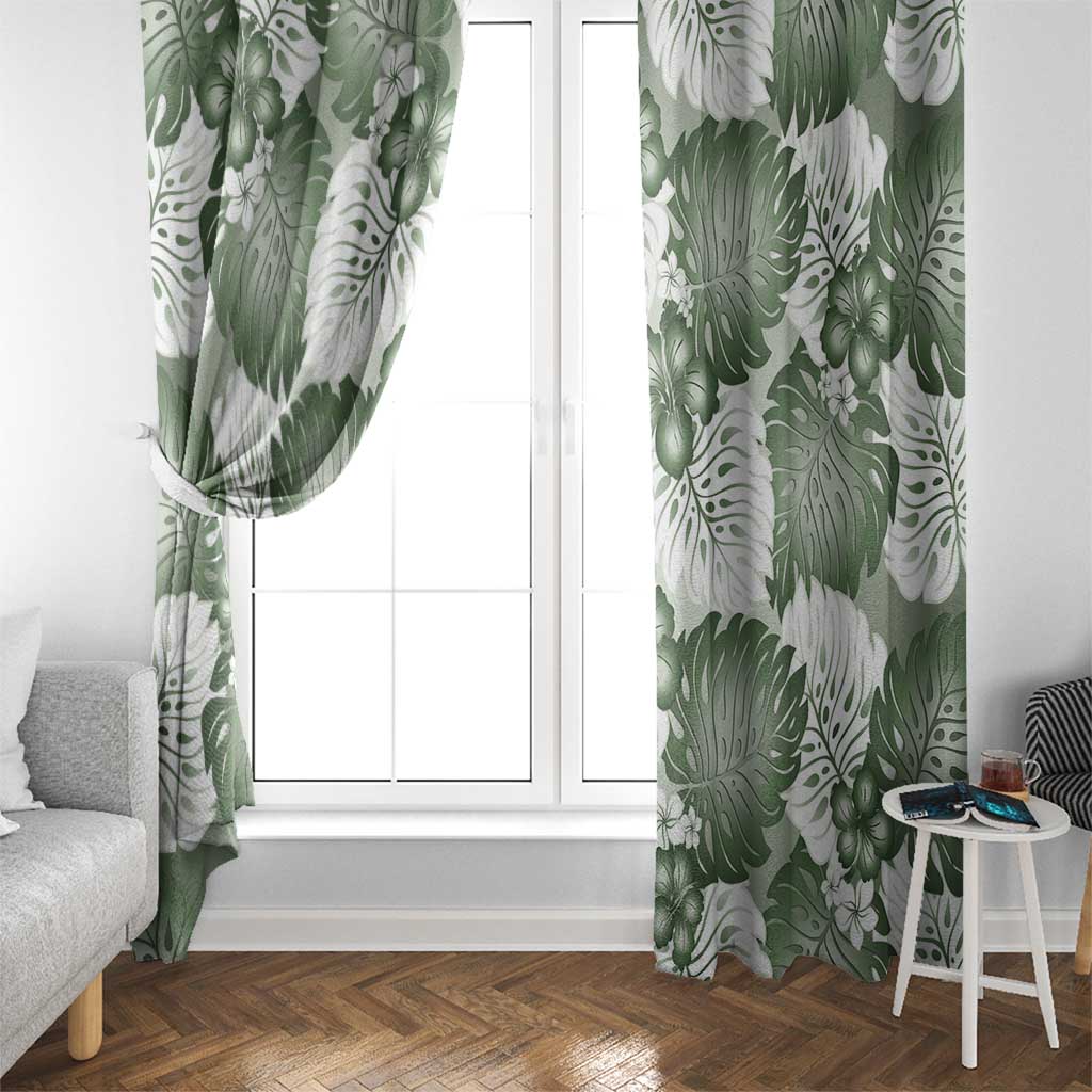 Sage Green Aloha Hawaii Window Curtain Monstera Hibiscus Plumeria Seamless Vibes - Polynesian Pride