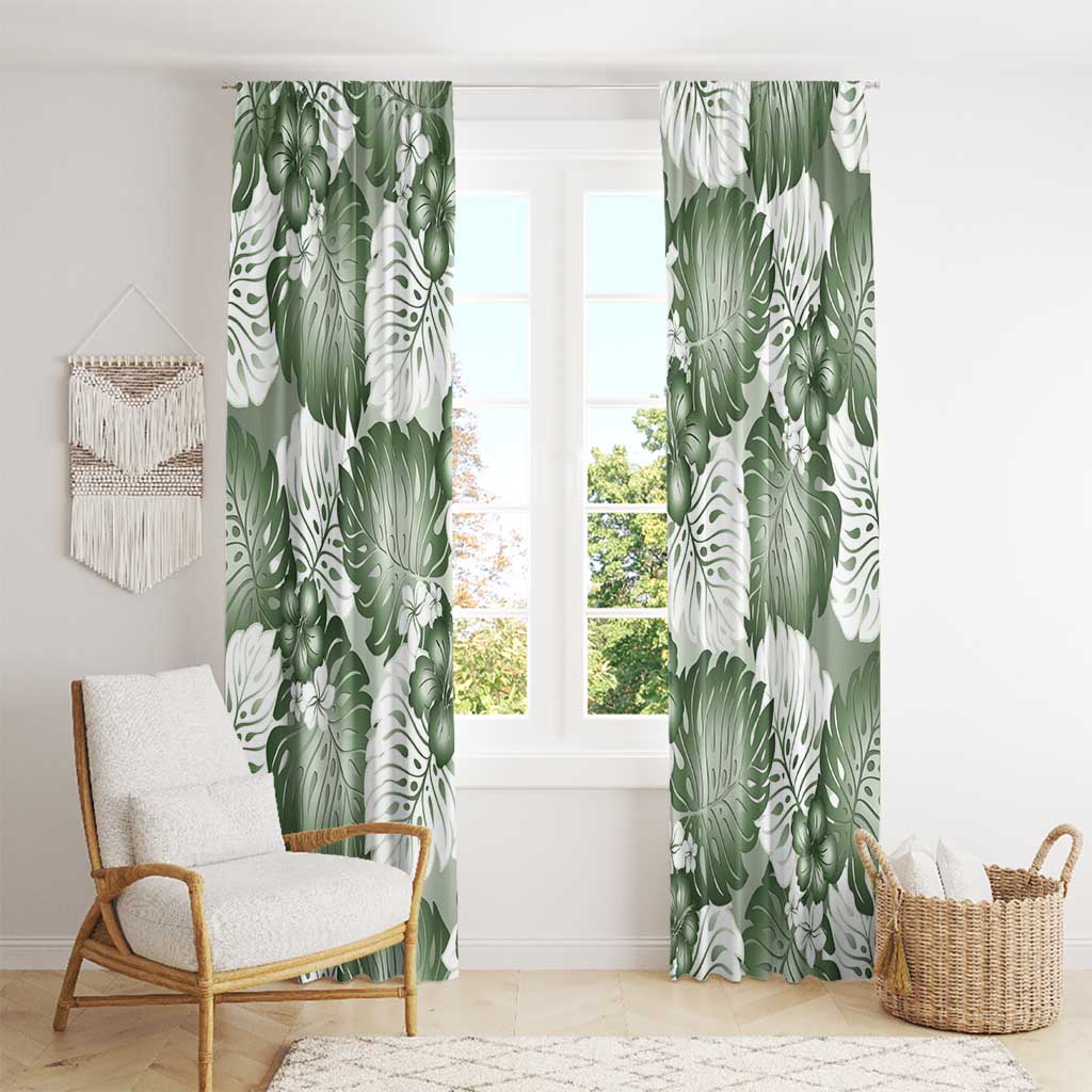 Sage Green Aloha Hawaii Window Curtain Monstera Hibiscus Plumeria Seamless Vibes - Polynesian Pride