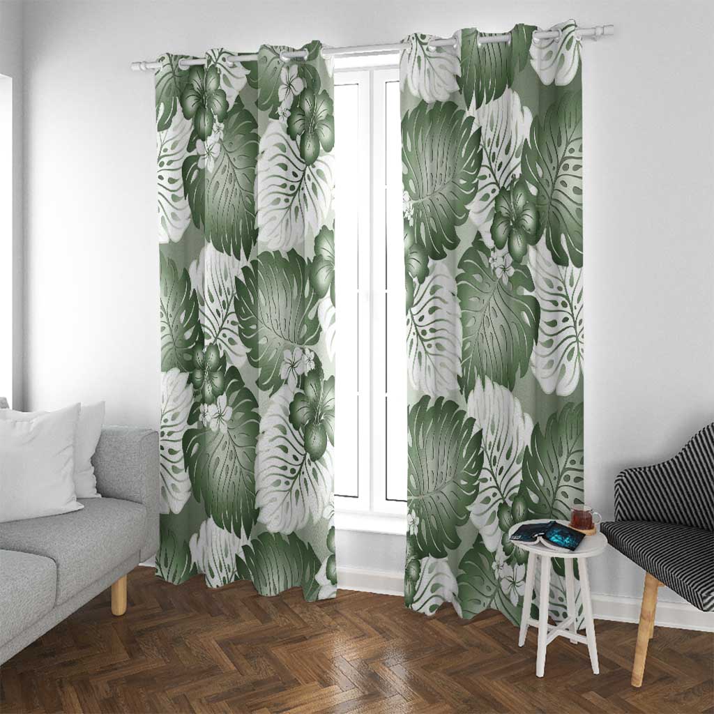 Sage Green Aloha Hawaii Window Curtain Monstera Hibiscus Plumeria Seamless Vibes - Polynesian Pride