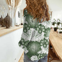 Sage Green Aloha Hawaii Women Casual Shirt Monstera Hibiscus Plumeria Seamless Vibes - Polynesian Pride