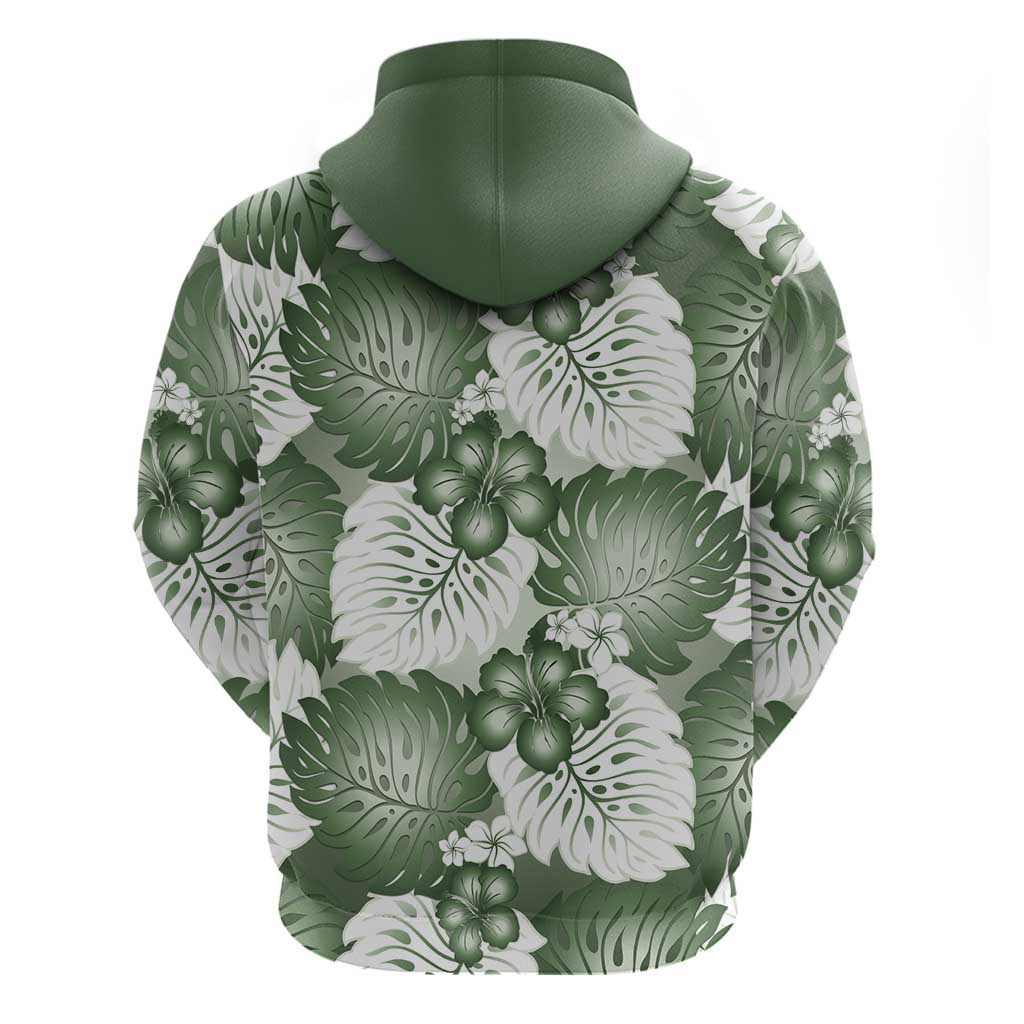 Sage Green Aloha Hawaii Zip Hoodie Monstera Hibiscus Plumeria Seamless Vibes - Polynesian Pride