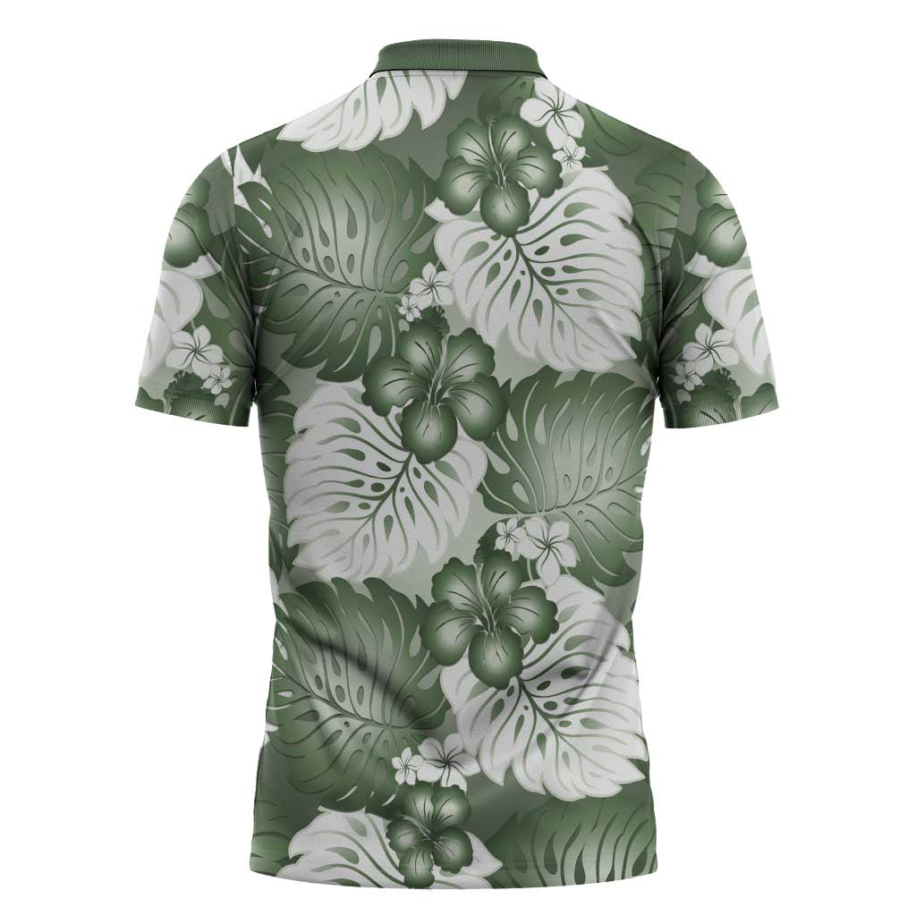 Sage Green Aloha Hawaii Zipper Polo Shirt Monstera Hibiscus Plumeria Seamless Vibes - Polynesian Pride