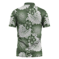 Sage Green Aloha Hawaii Zipper Polo Shirt Monstera Hibiscus Plumeria Seamless Vibes - Polynesian Pride