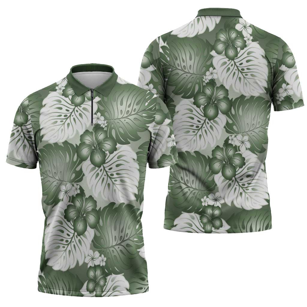 Sage Green Aloha Hawaii Zipper Polo Shirt Monstera Hibiscus Plumeria Seamless Vibes - Polynesian Pride