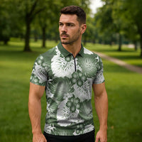 Sage Green Aloha Hawaii Zipper Polo Shirt Monstera Hibiscus Plumeria Seamless Vibes - Polynesian Pride