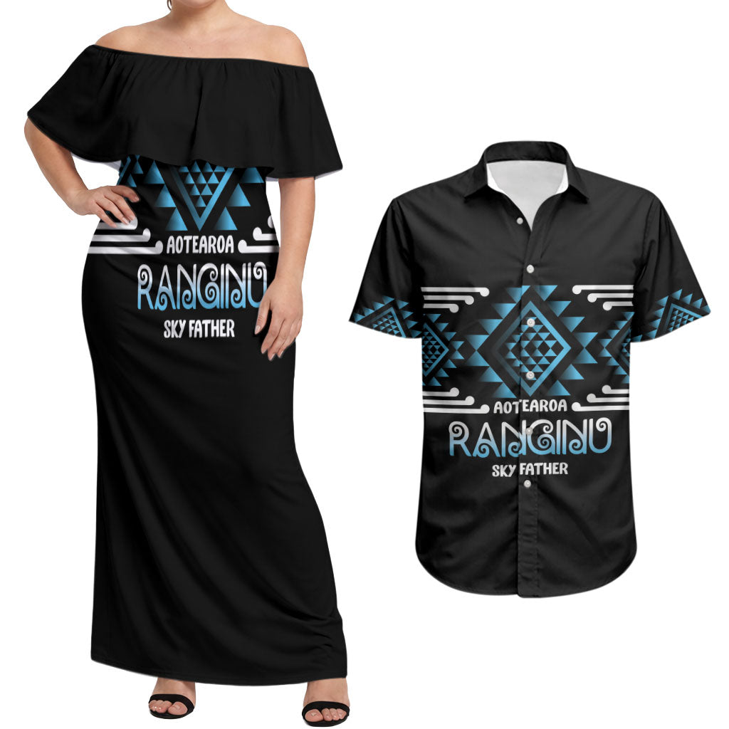 Aotearoa Atua Ranginui Personalised Couples Matching Off Shoulder Maxi Dress and Hawaiian Shirt Maori Sky Father Taniko Motifs