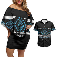 Aotearoa Atua Ranginui Personalised Couples Matching Off Shoulder Short Dress and Hawaiian Shirt Maori Sky Father Taniko Motifs LT14 Blue - Polynesian Pride