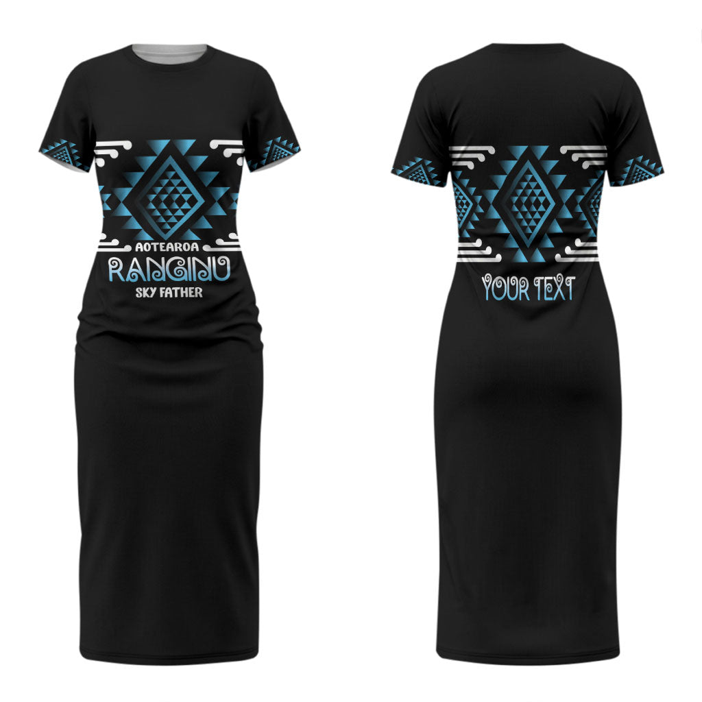 Aotearoa Atua Ranginui Personalised Family Matching Short Sleeve Bodycon Dress and Hawaiian Shirt Maori Sky Father Taniko Motifs LT14 Mom's Dress Blue - Polynesian Pride