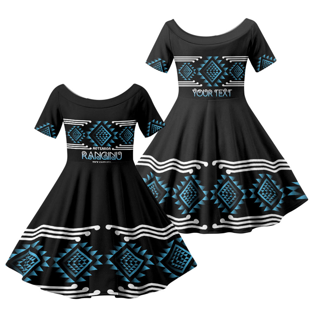 Aotearoa Atua Ranginui Personalised Family Matching Short Sleeve Bodycon Dress and Hawaiian Shirt Maori Sky Father Taniko Motifs LT14 Daughter's Dress Blue - Polynesian Pride