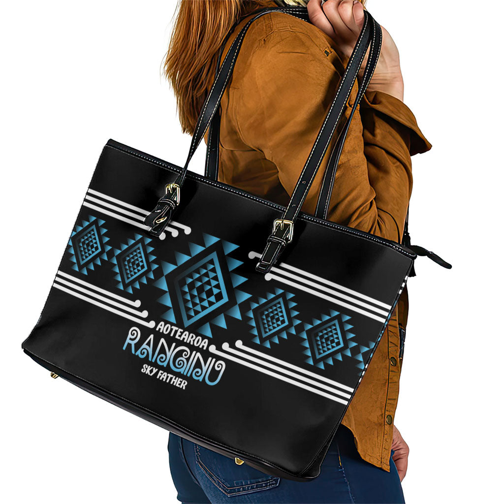 Aotearoa Atua Ranginui Leather Tote Bag Maori Sky Father Taniko Motifs LT14 - Polynesian Pride