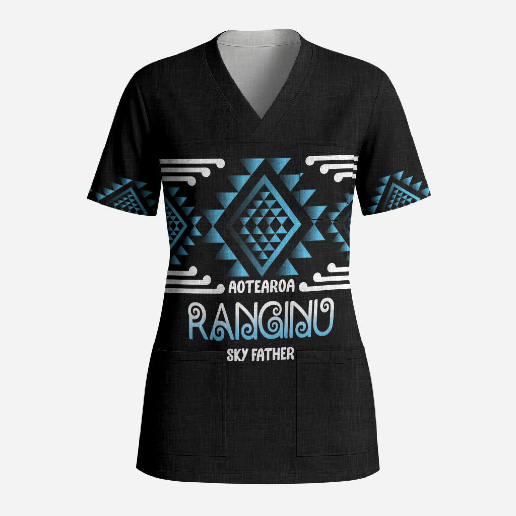 Aotearoa Atua Ranginui Personalised Scrub Top Maori Sky Father Taniko Motifs LT14 Adult Blue - Polynesian Pride