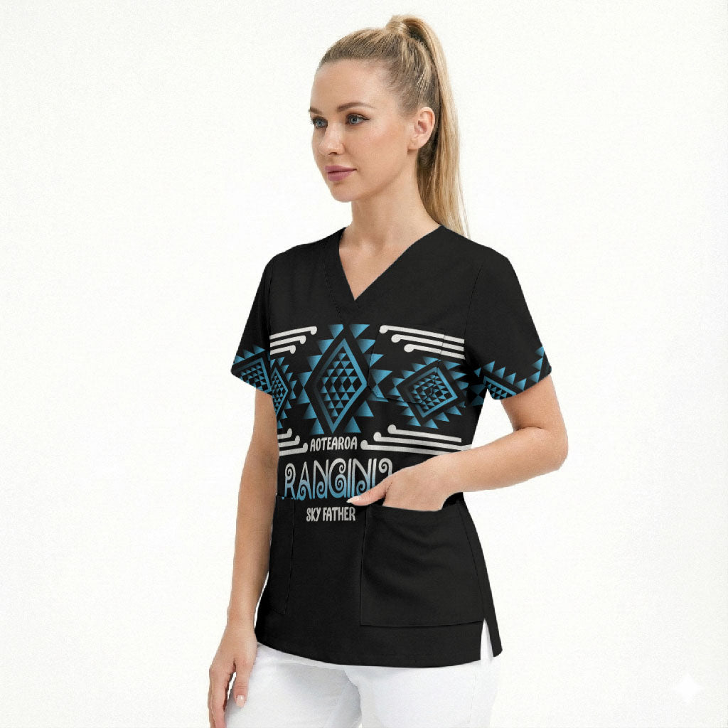 Aotearoa Atua Ranginui Personalised Scrub Top Maori Sky Father Taniko Motifs LT14 - Polynesian Pride