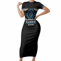 Aotearoa Atua Ranginui Personalised Short Sleeve Bodycon Dress Maori Sky Father Taniko Motifs LT14 Long Dress Blue - Polynesian Pride