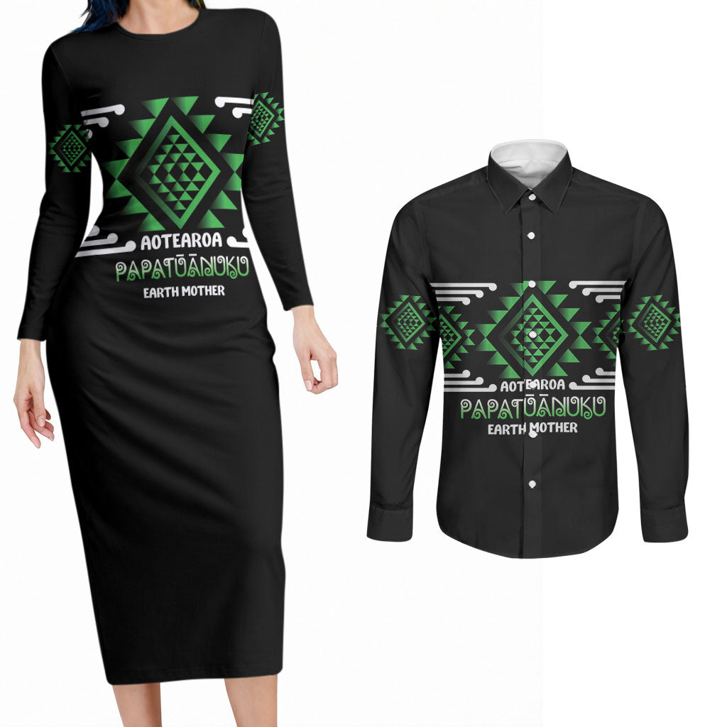 Aotearoa Atua Papatuanuku Personalised Couples Matching Long Sleeve Bodycon Dress and Long Sleeve Button Shirt Maori Earth Mother Taniko Motifs LT14 Green - Polynesian Pride