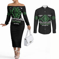 Aotearoa Atua Papatuanuku Personalised Couples Matching Off The Shoulder Long Sleeve Dress and Long Sleeve Button Shirt Maori Earth Mother Taniko Motifs LT14 Green - Polynesian Pride