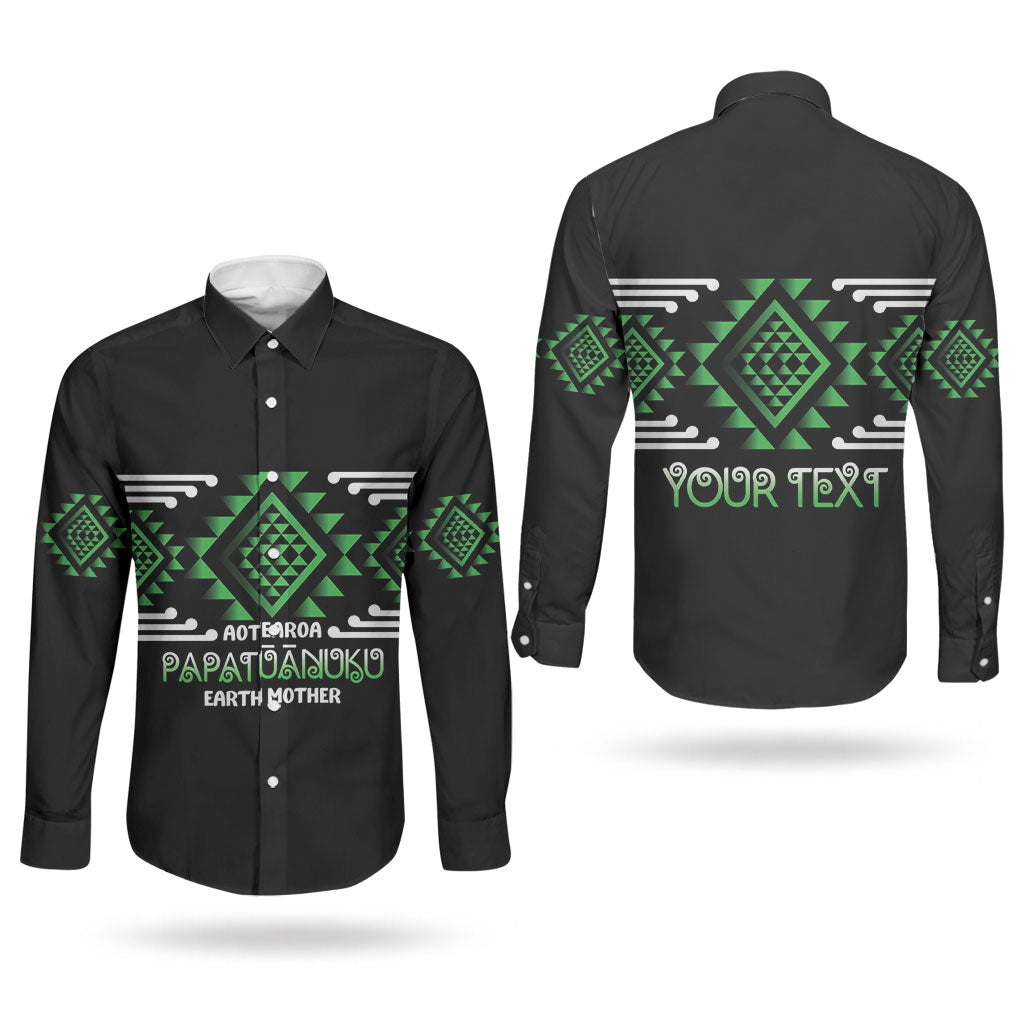 Aotearoa Atua Papatuanuku Personalised Couples Matching Off The Shoulder Long Sleeve Dress and Long Sleeve Button Shirt Maori Earth Mother Taniko Motifs LT14 - Polynesian Pride