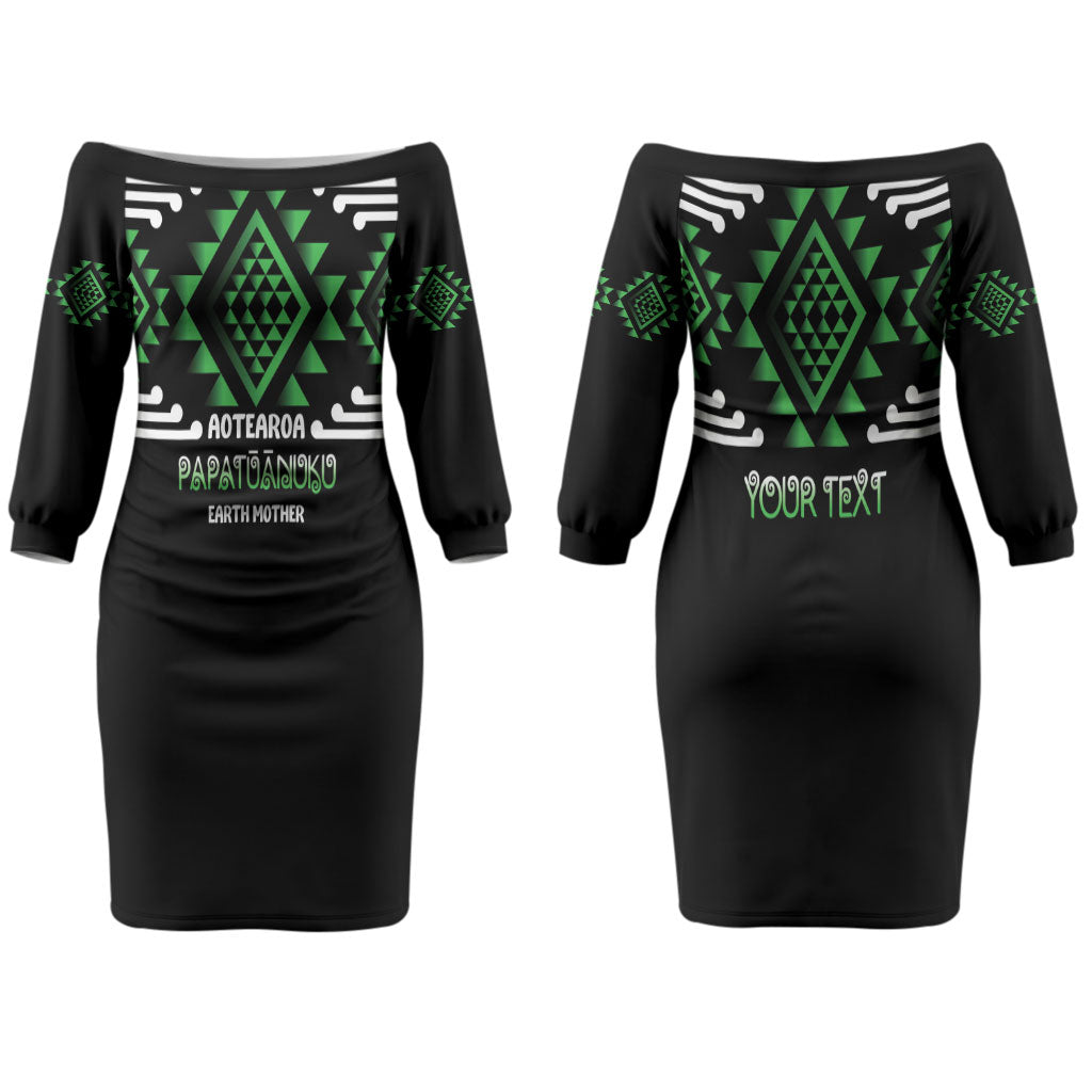 Aotearoa Atua Papatuanuku Personalised Couples Matching Off The Shoulder Long Sleeve Dress and Long Sleeve Button Shirt Maori Earth Mother Taniko Motifs LT14 - Polynesian Pride