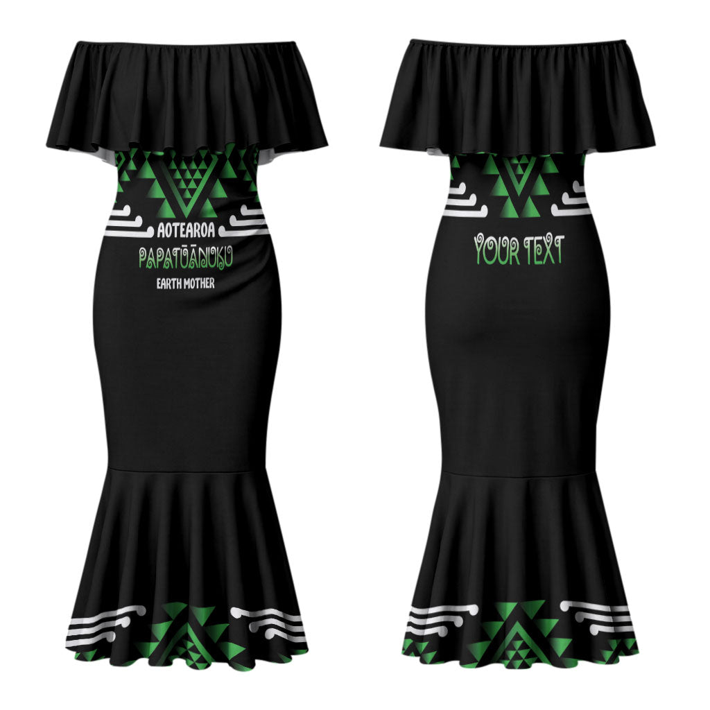 Aotearoa Atua Papatuanuku Personalised Family Matching Mermaid Dress and Hawaiian Shirt Maori Earth Mother Taniko Motifs LT14 Mom's Dress Green - Polynesian Pride