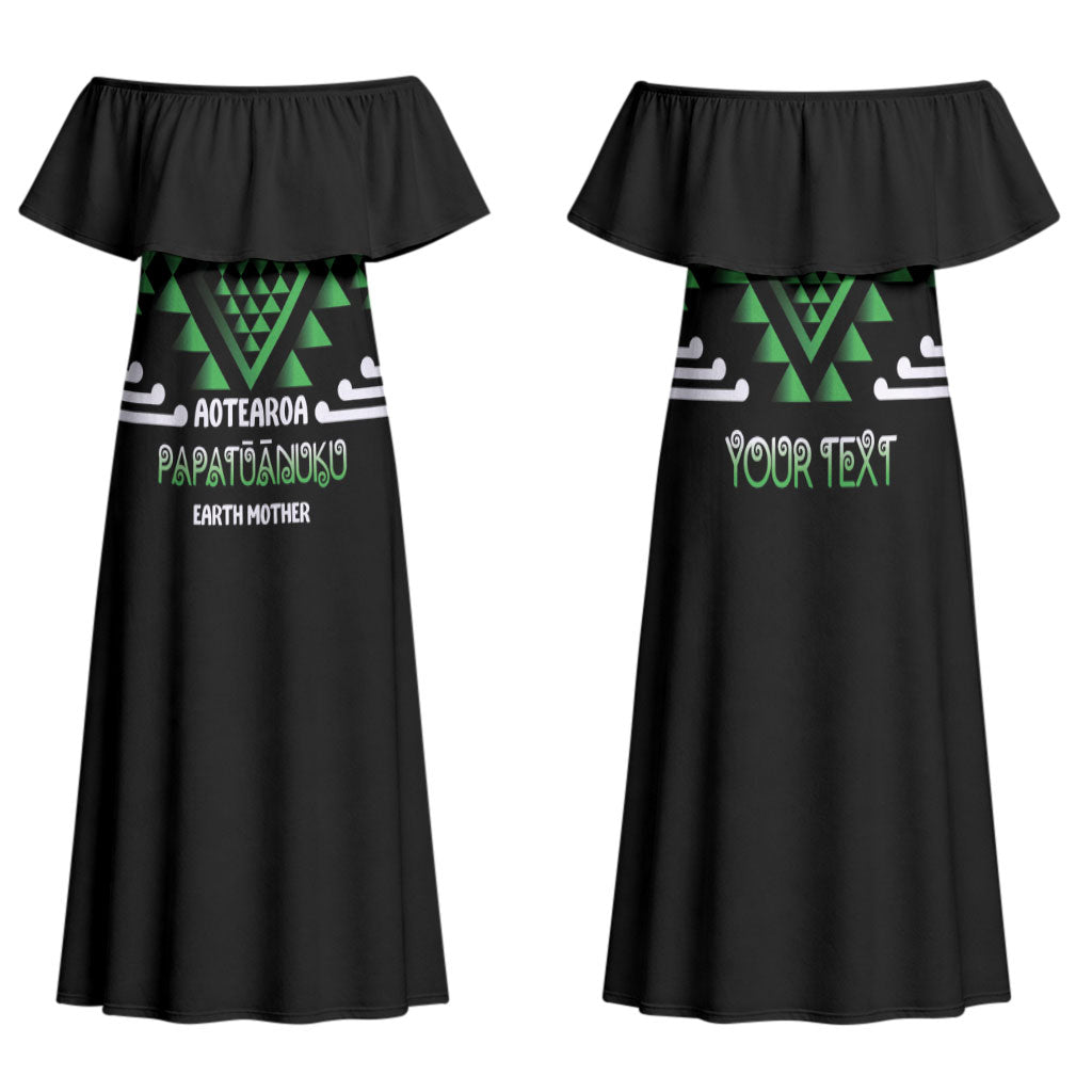 Aotearoa Atua Papatuanuku Personalised Family Matching Off Shoulder Maxi Dress and Hawaiian Shirt Maori Earth Mother Taniko Motifs LT14 Mom's Dress Green - Polynesian Pride