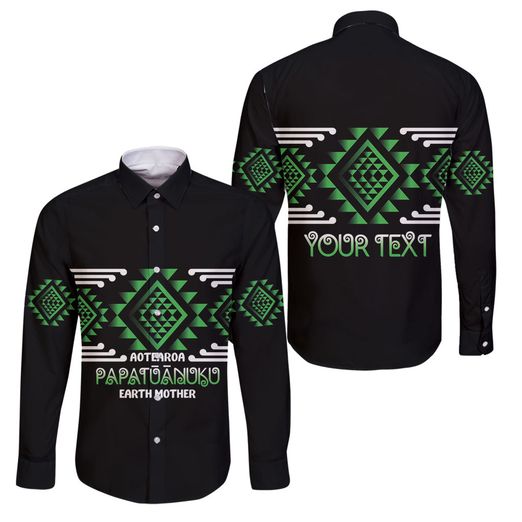 Aotearoa Atua Papatuanuku Personalised Family Matching Off Shoulder Maxi Dress and Hawaiian Shirt Maori Earth Mother Taniko Motifs LT14 Dad's Shirt - Long Sleeve Green - Polynesian Pride