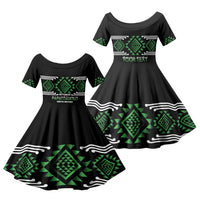 Aotearoa Atua Papatuanuku Personalised Family Matching Off Shoulder Maxi Dress and Hawaiian Shirt Maori Earth Mother Taniko Motifs LT14 Daughter's Dress Green - Polynesian Pride