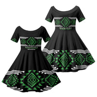 Aotearoa Atua Papatuanuku Personalised Family Matching Off Shoulder Short Dress and Hawaiian Shirt Maori Earth Mother Taniko Motifs LT14 Daughter's Dress Green - Polynesian Pride