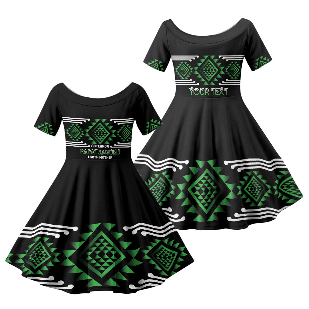 Aotearoa Atua Papatuanuku Personalised Family Matching Tank Maxi Dress and Hawaiian Shirt Maori Earth Mother Taniko Motifs LT14 Daughter's Dress Green - Polynesian Pride