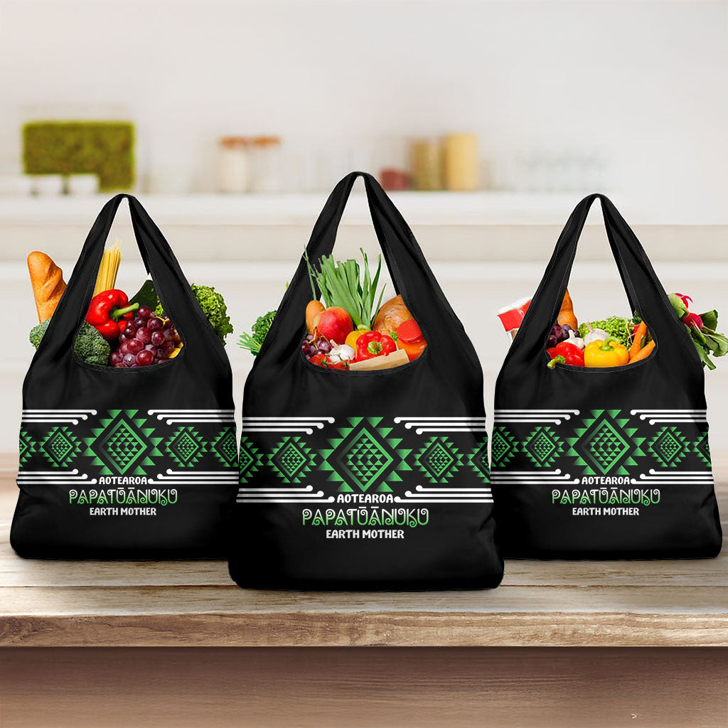 Aotearoa Atua Papatuanuku Grocery Bag Maori Earth Mother Taniko Motifs LT14 3-pack One Size Green - Polynesian Pride