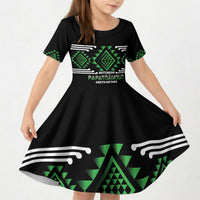 Aotearoa Atua Papatuanuku Personalised Kid Short Sleeve Dress Maori Earth Mother Taniko Motifs LT14 KID Green - Polynesian Pride