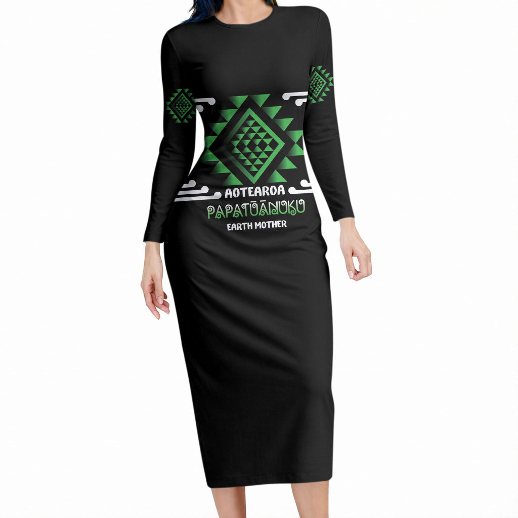 Aotearoa Atua Papatuanuku Personalised Long Sleeve Bodycon Dress Maori Earth Mother Taniko Motifs LT14 Long Dress Green - Polynesian Pride