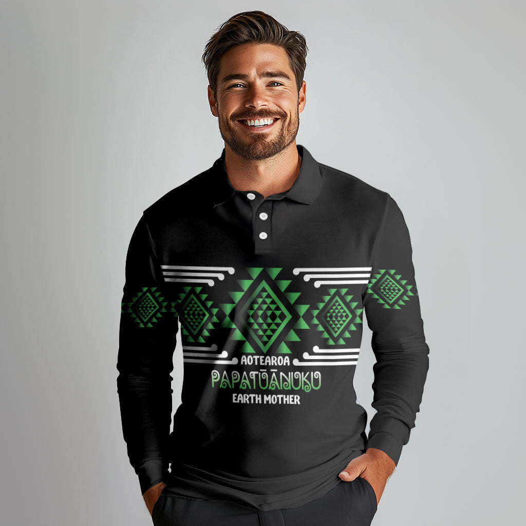 Aotearoa Atua Papatuanuku Personalised Long Sleeve Polo Shirt Maori Earth Mother Taniko Motifs LT14 - Polynesian Pride