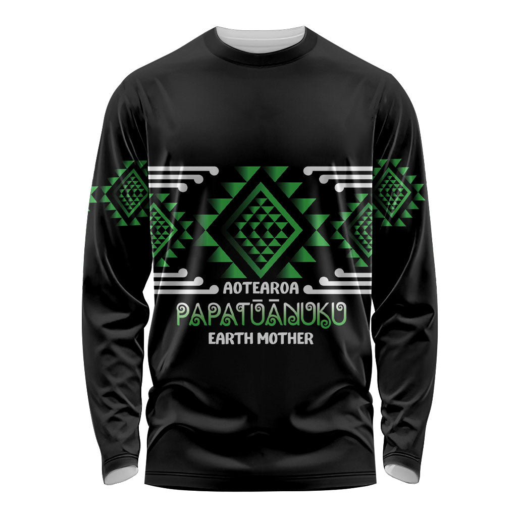 Aotearoa Atua Papatuanuku Personalised Long Sleeve Shirt Maori Earth Mother Taniko Motifs LT14 Unisex Green - Polynesian Pride