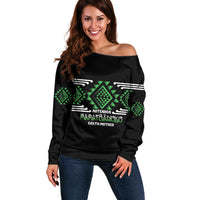 Aotearoa Atua Papatuanuku Personalised Off Shoulder Sweater Maori Earth Mother Taniko Motifs LT14 Women Green - Polynesian Pride