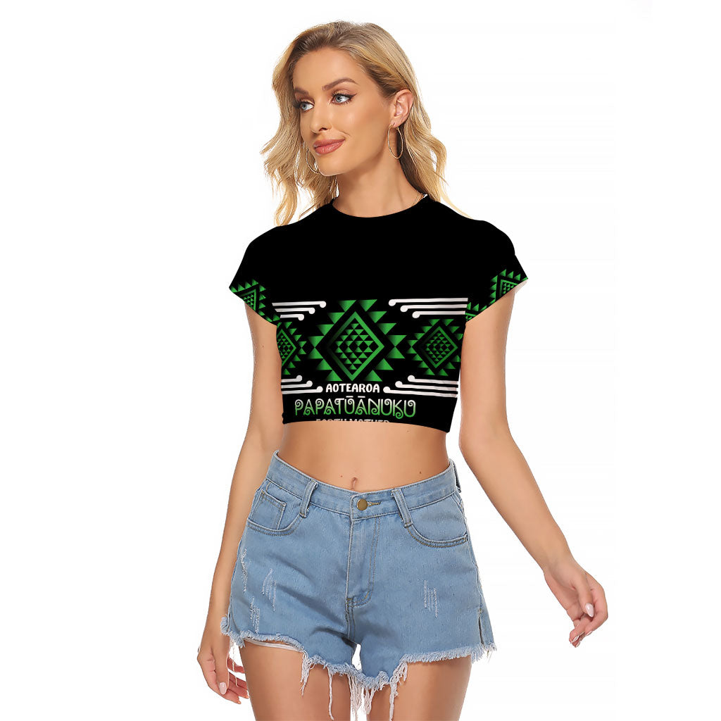 Aotearoa Atua Papatuanuku Personalised Raglan Cropped T Shirt Maori Earth Mother Taniko Motifs LT14 Female Green - Polynesian Pride