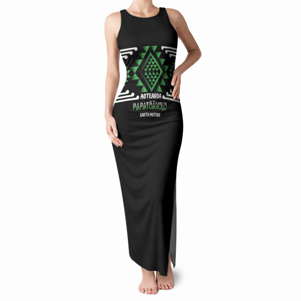 Aotearoa Atua Papatuanuku Personalised Tank Maxi Dress Maori Earth Mother Taniko Motifs LT14 Women Green - Polynesian Pride