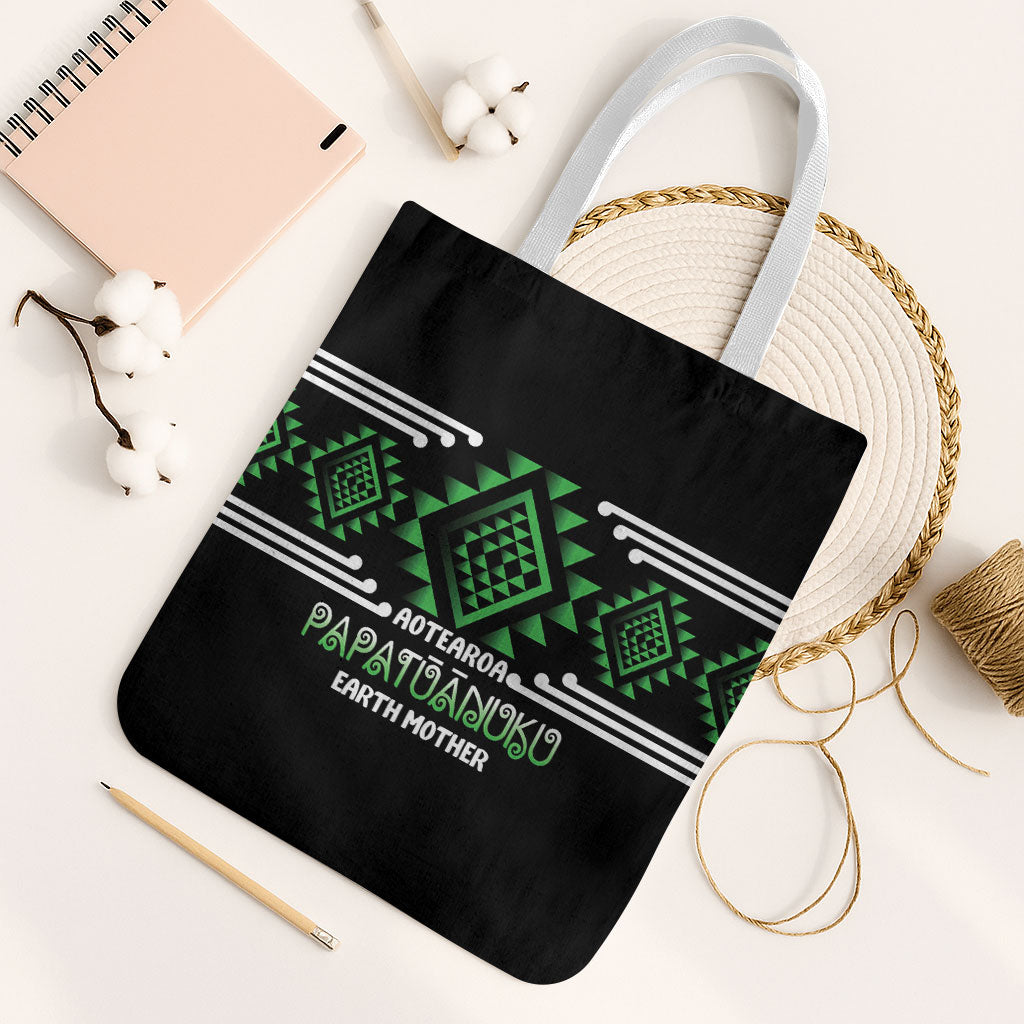 Aotearoa Atua Papatuanuku Tote Bag Maori Earth Mother Taniko Motifs LT14 White Strap One Size Green - Polynesian Pride