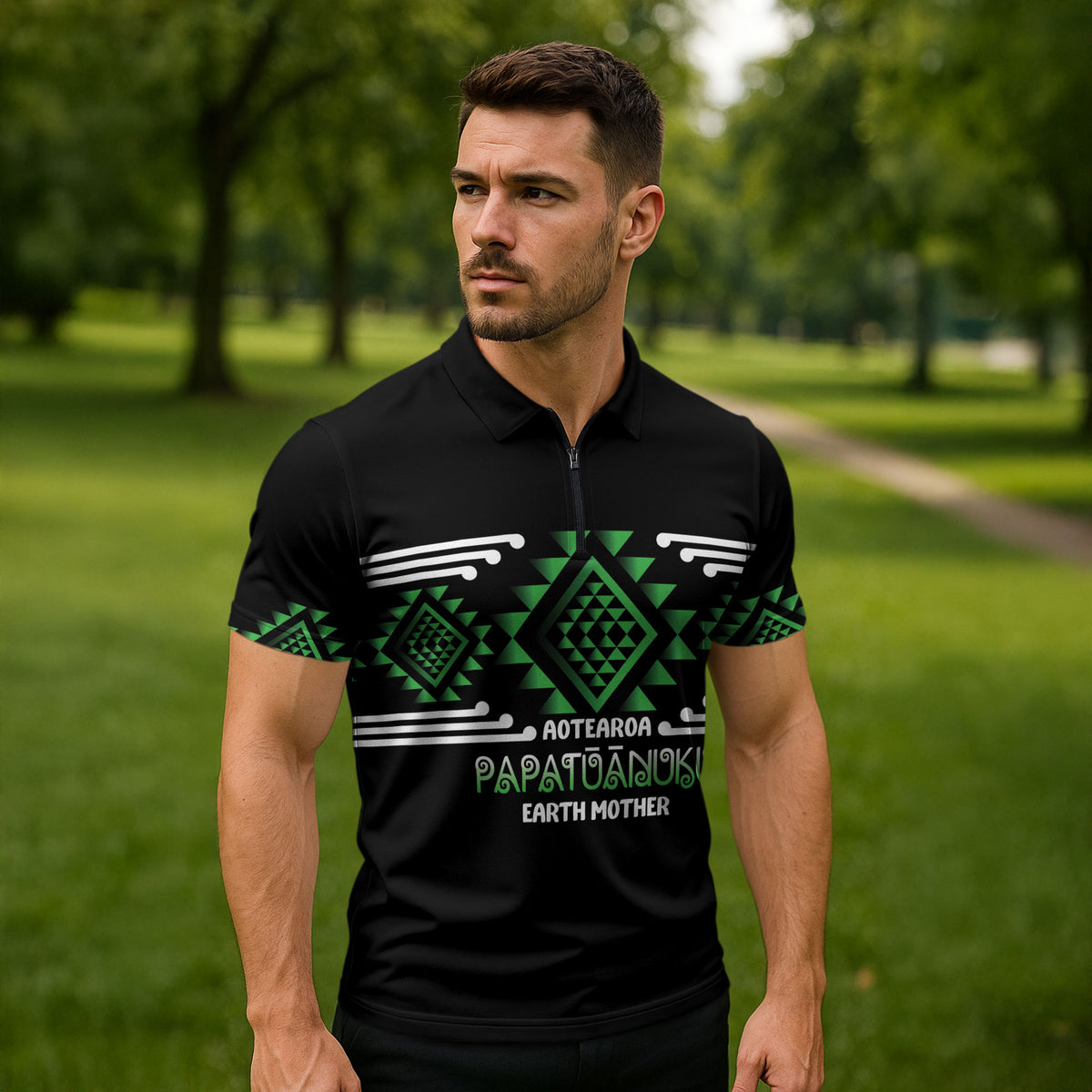 Aotearoa Atua Papatuanuku Personalised Zipper Polo Shirt Maori Earth Mother Taniko Motifs LT14 - Polynesian Pride