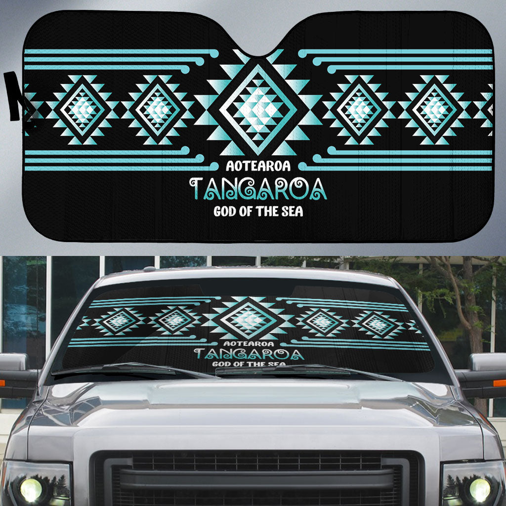 Aotearoa Atua Tangaroa Auto Sun Shade Maori God Of The Sea Taniko Motifs LT14 Turquoise - Polynesian Pride